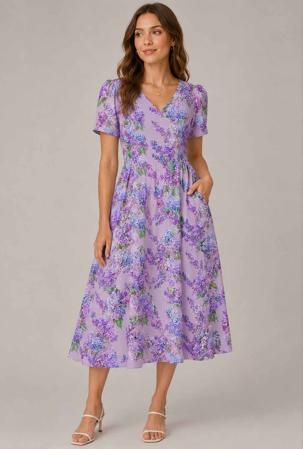 A woman wearing a lavender floral dress with short sleeves, standing against a neutral background.